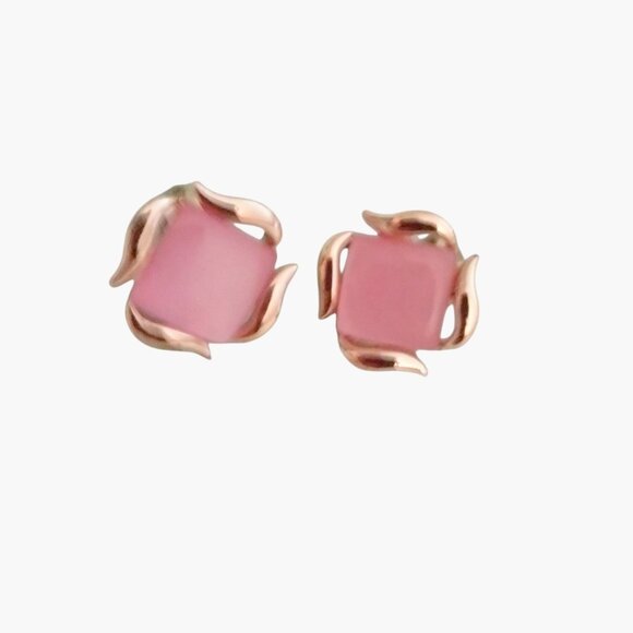 Clip On Earrings Pink Square Lucite Inlays Vintage Gold Tone - Picture 3 of 4